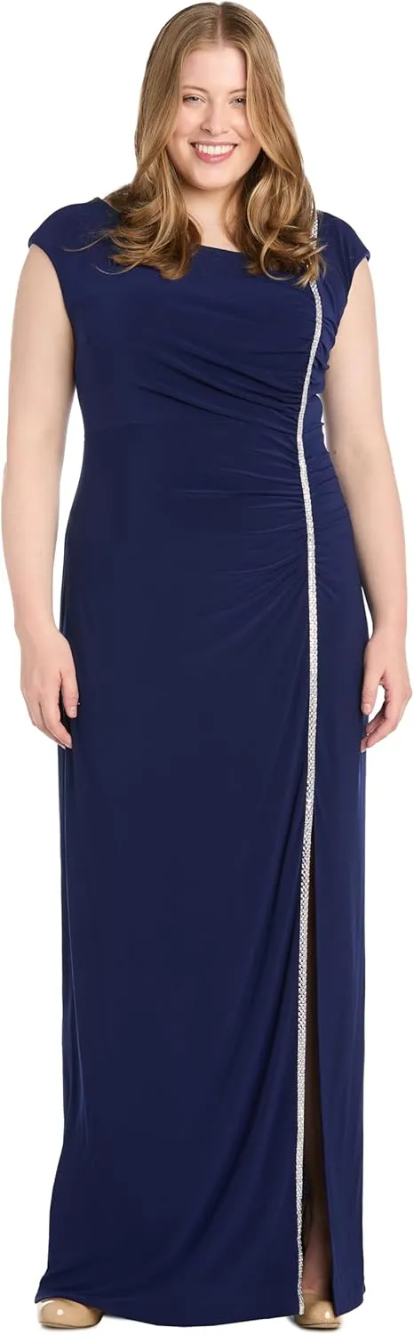 R&M Richards Long Dress with Asymmetrical Neckline Rhinestone Trim & Front Slit