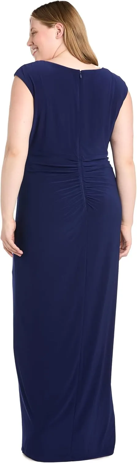R&M Richards Long Dress with Asymmetrical Neckline Rhinestone Trim & Front Slit