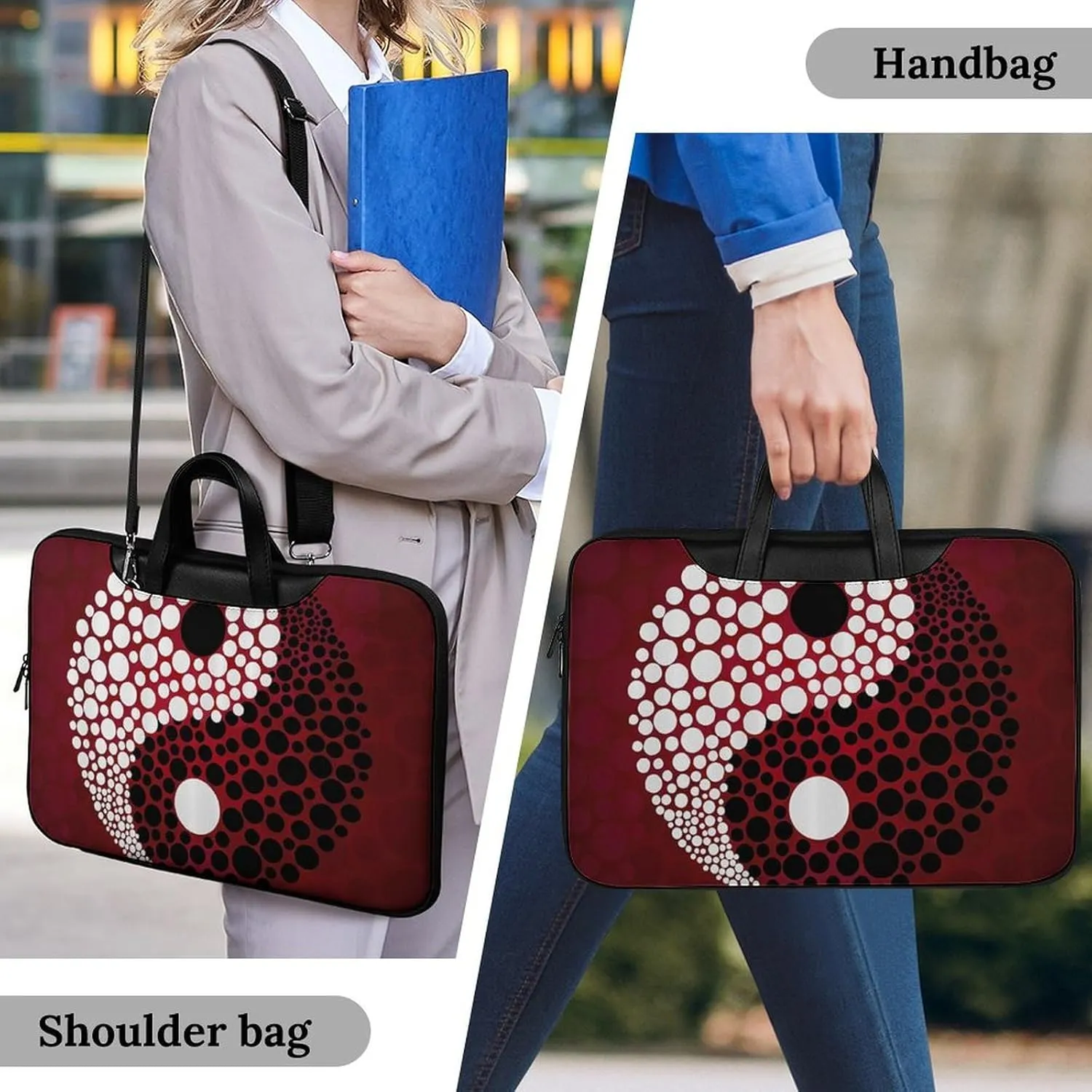 Red Wave Point Tai Chi Leather Bag Laptop Case Slim Water Resistant Computer Bags with Handle Briefcase for Work