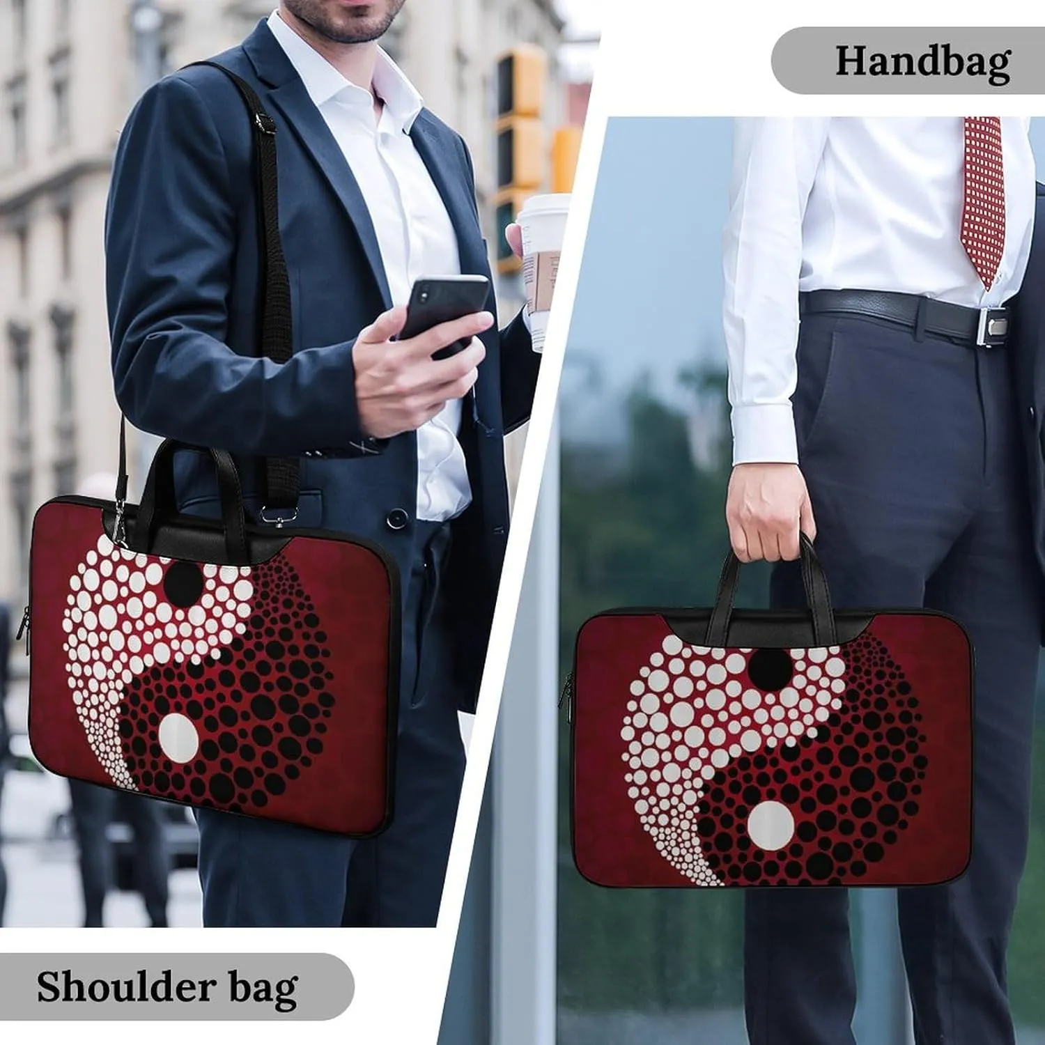 Red Wave Point Tai Chi Leather Bag Laptop Case Slim Water Resistant Computer Bags with Handle Briefcase for Work