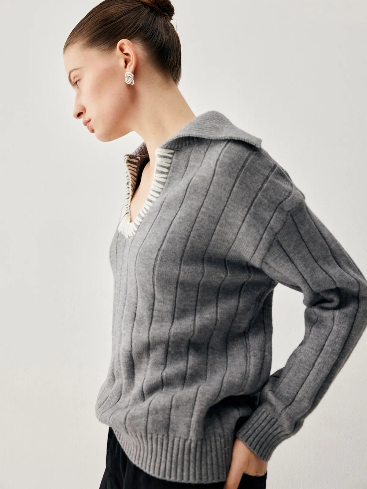 Ribbed Knit Collared Trendy Contrast Trim V-neck Sweater