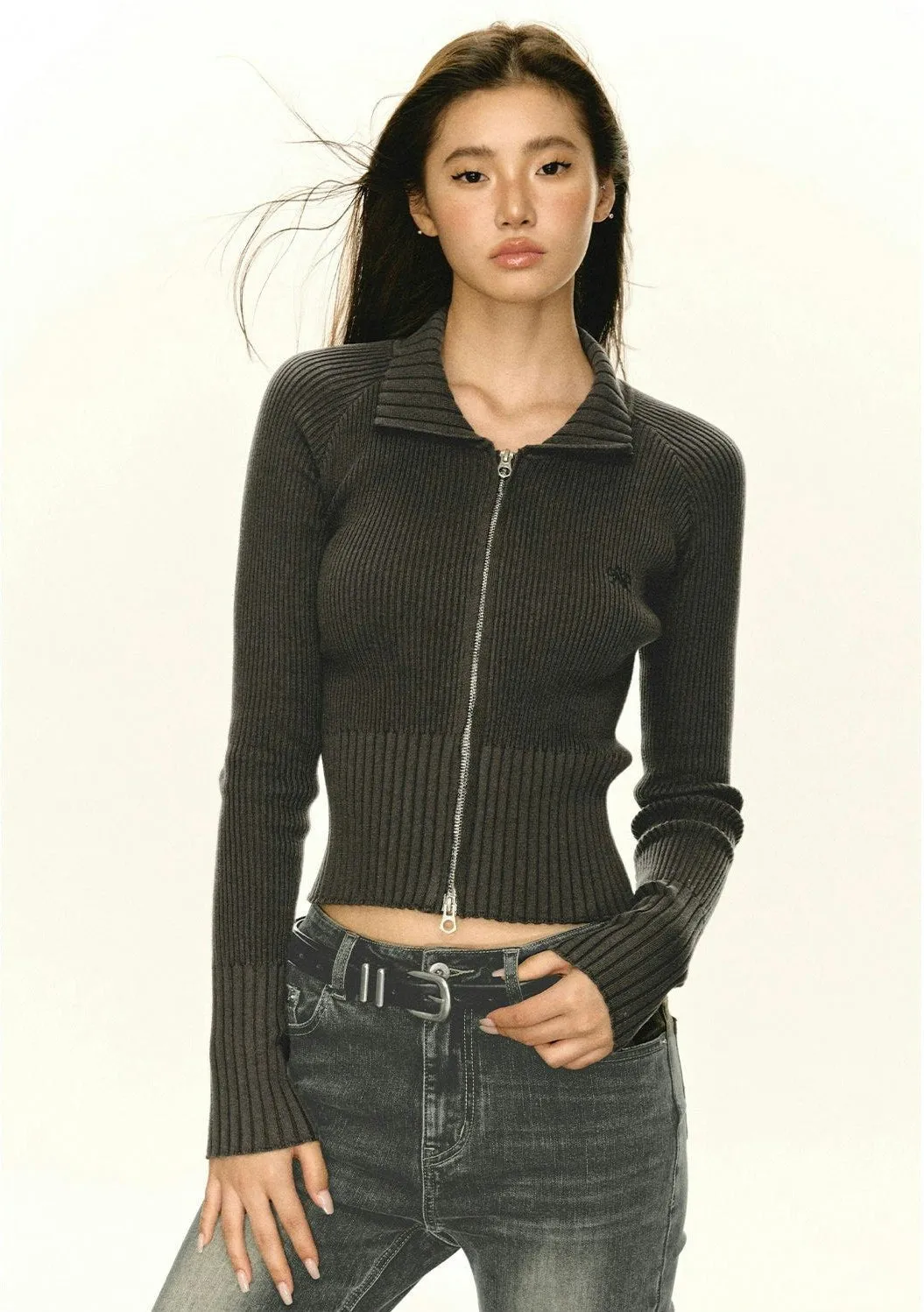 Ribbed Zip-up Slim Cropped Sweater