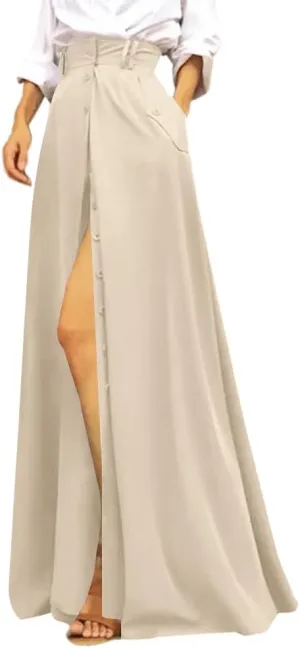 Rooscier Women's Split High Waist Flared A Line Button Down Vintage Pockets Maxi Skirt