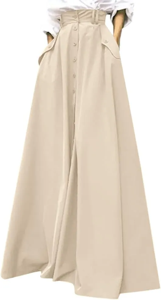Rooscier Women's Split High Waist Flared A Line Button Down Vintage Pockets Maxi Skirt