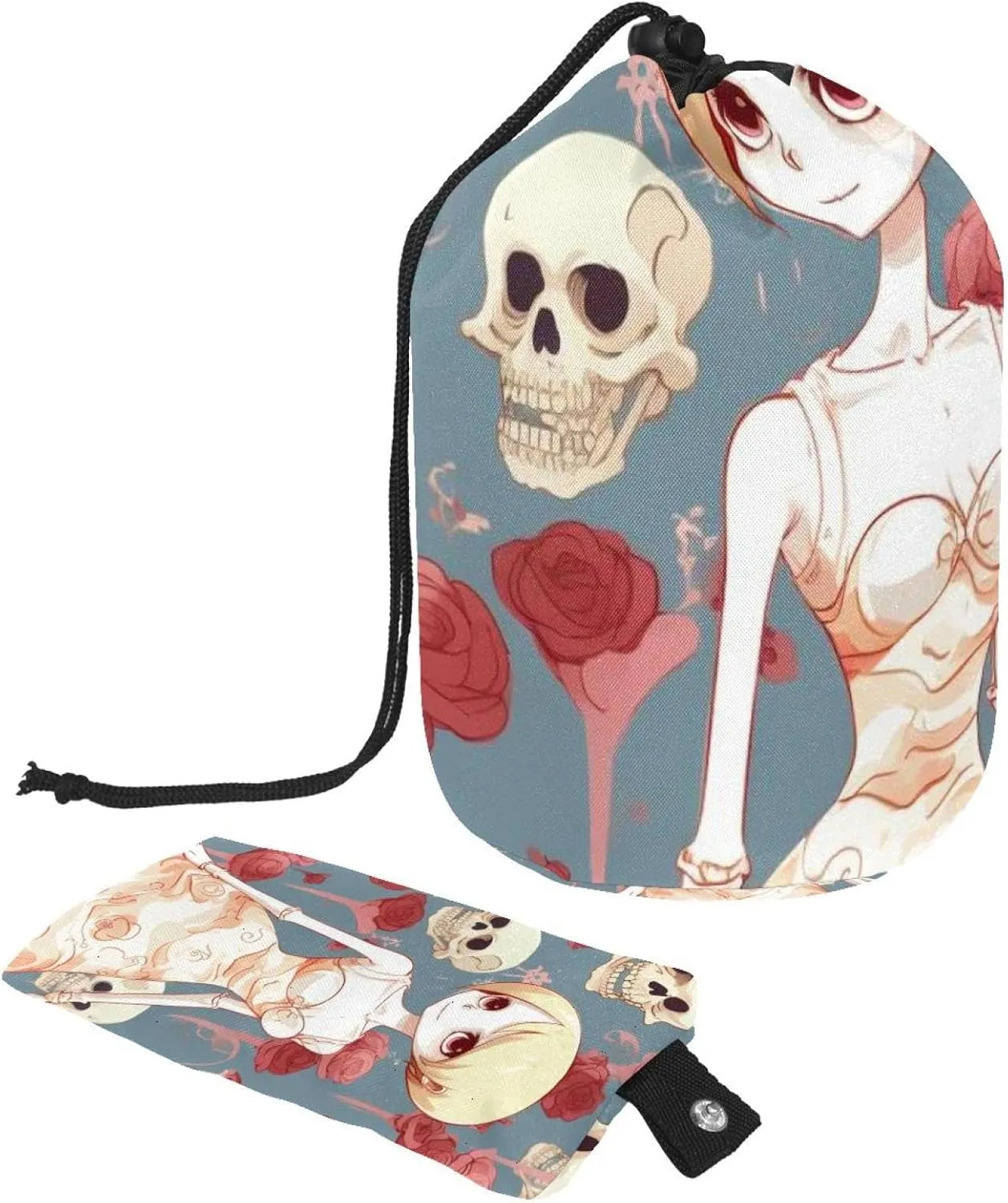 Rose Skull Girl Travel Cosmetic Bags Makeup Bag for Women, Foldable Drawstring Travel Cosmetic Bags, Portable Toiletry Bucket Bag