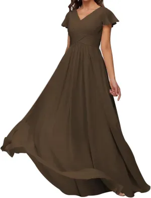 Ruffle Sleeve Prom Dresses V Neck Juniors Bridesmaid Dress Pleated Chiffon Formal Evening Maxi Gowns EZ136