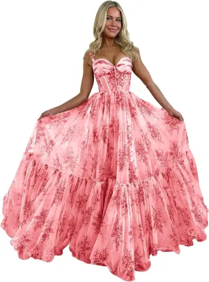 Ruffly Floral Chiffon Prom Dresses 2025 for Teens Sweetheart Corset Straps Formal Evening Party Gown