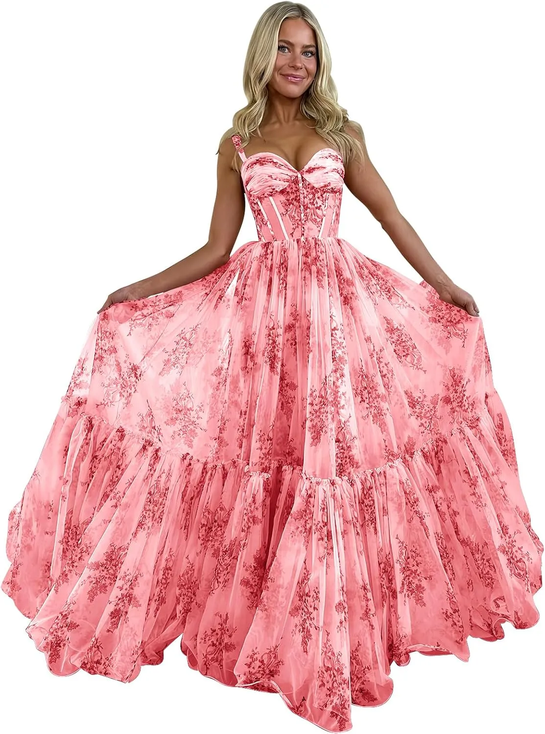 Ruffly Floral Chiffon Prom Dresses 2025 for Teens Sweetheart Corset Straps Formal Evening Party Gown