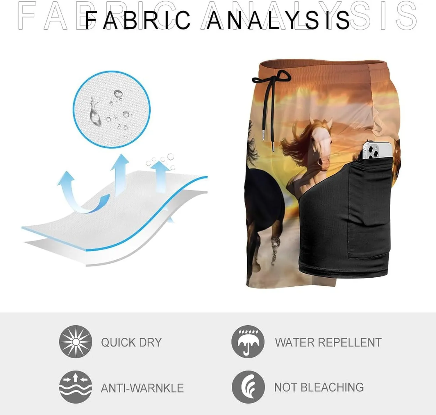 Running Wid Horses Men's Swim Trunks with Compression Liner Beach Swimming Shorts with Drawstring and Pockets