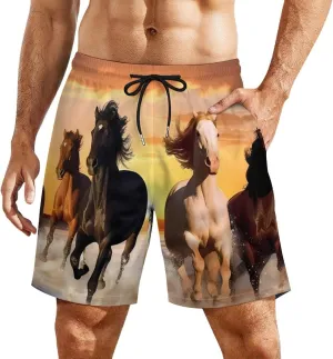 Running Wid Horses Men's Swim Trunks with Compression Liner Beach Swimming Shorts with Drawstring and Pockets