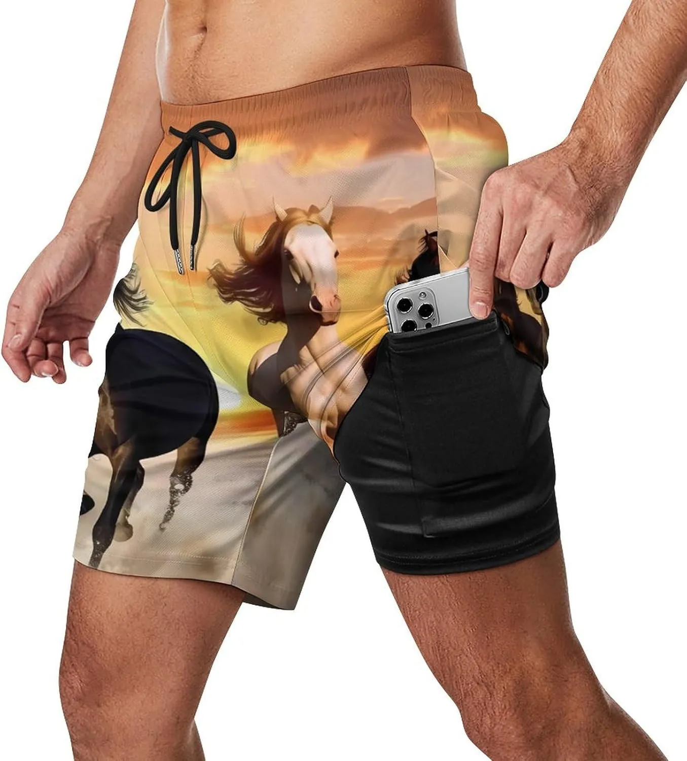 Running Wid Horses Men's Swim Trunks with Compression Liner Beach Swimming Shorts with Drawstring and Pockets