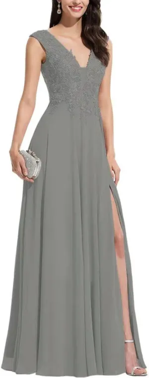 S Marlene V Neck Bridesmaid Dresses for Women Long Chiffon A Line Lace Appliques Formal Evening Party Gowns Prom Dresses with Slit Grey