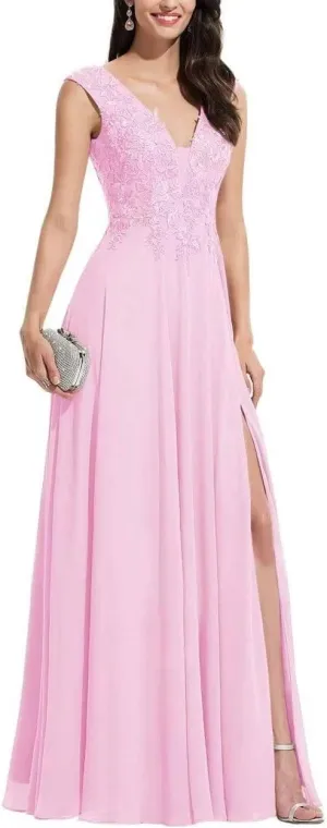 S Marlene V Neck Bridesmaid Dresses for Women Long Chiffon A Line Lace Appliques Formal Evening Party Gowns Prom Dresses with Slit Pink