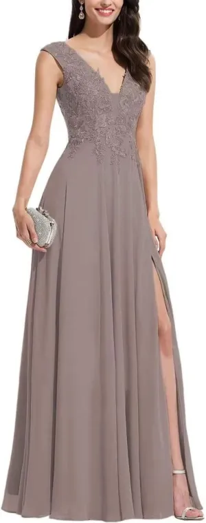 S Marlene V Neck Bridesmaid Dresses for Women Long Chiffon A Line Lace Appliques Formal Evening Party Gowns Prom Dresses with Slit Taupe