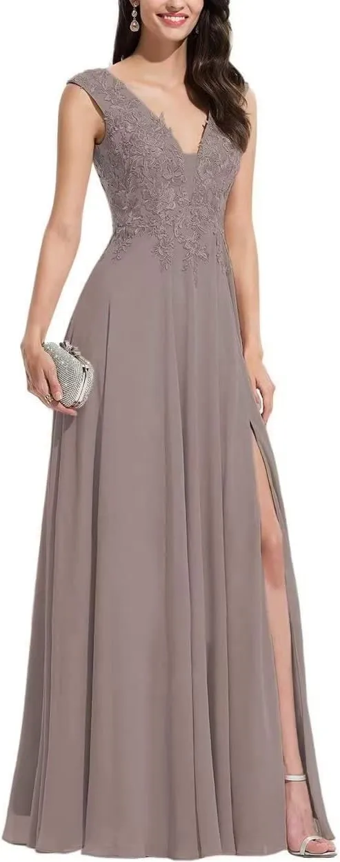 S Marlene V Neck Bridesmaid Dresses for Women Long Chiffon A Line Lace Appliques Formal Evening Party Gowns Prom Dresses with Slit Taupe