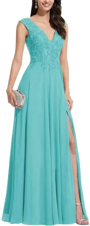 S Marlene V Neck Bridesmaid Dresses for Women Long Lace Appliques Chiffon A Line Formal Prom Dresses Party Evening Gowns Aqua, 12