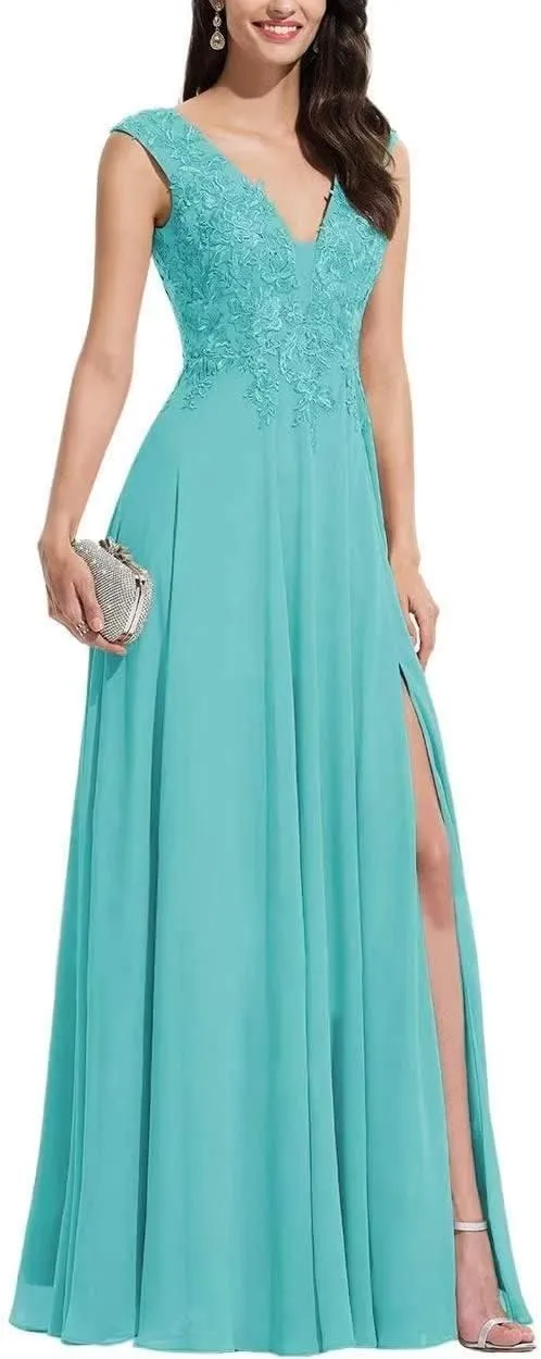 S Marlene V Neck Bridesmaid Dresses for Women Long Lace Appliques Chiffon A Line Formal Prom Dresses Party Evening Gowns Aqua, 12