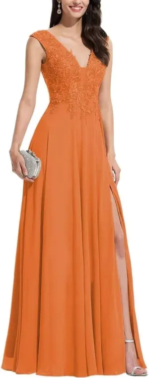 S Marlene V Neck Bridesmaid Dresses for Women Long Lace Appliques Chiffon A Line Formal Prom Dresses Party Evening Gowns Orange 24 Plus