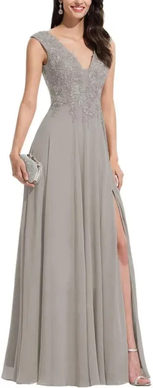 S Marlene V Neck Bridesmaid Dresses for Women Long Lace Appliques Chiffon A Line Formal Prom Dresses Party Evening Gowns Silver 24 Plus