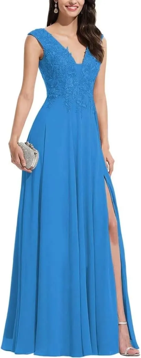S Marlene V Neck Bridesmaid Dresses for Women Long Lace Appliques Chiffon A Line Formal Prom Party Evening Gowns Blue 24 Plus