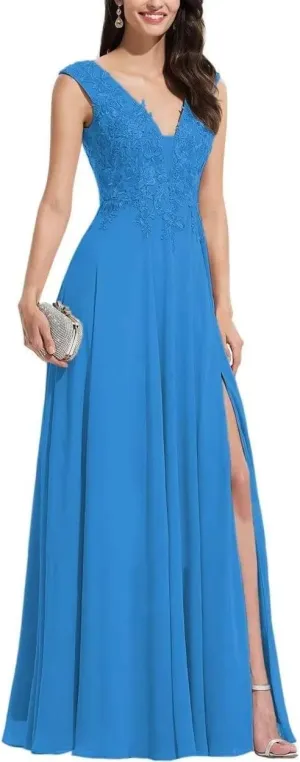 S Marlene V Neck Bridesmaid Dresses for Women Long Lace Appliques Chiffon A Line Formal Prom Party Evening Gowns Blue 24 Plus