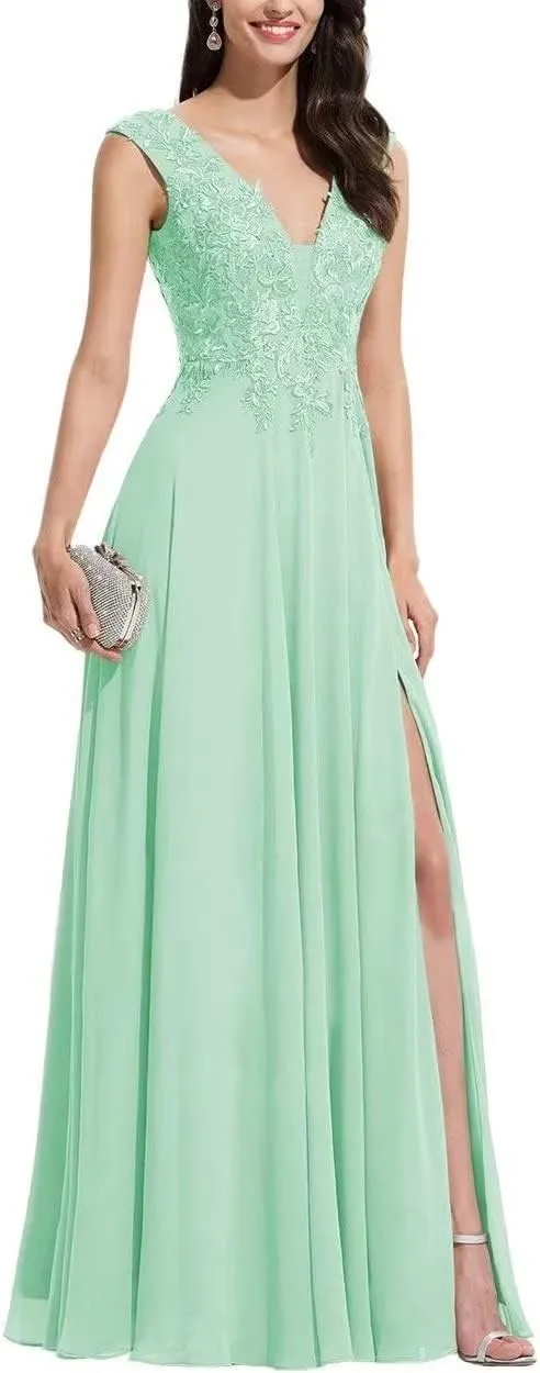 S Marlene V Neck Bridesmaid Dresses for Women Long Lace Appliques Chiffon A Line Formal Prom Party Evening Gowns Mint Green 24 Plus