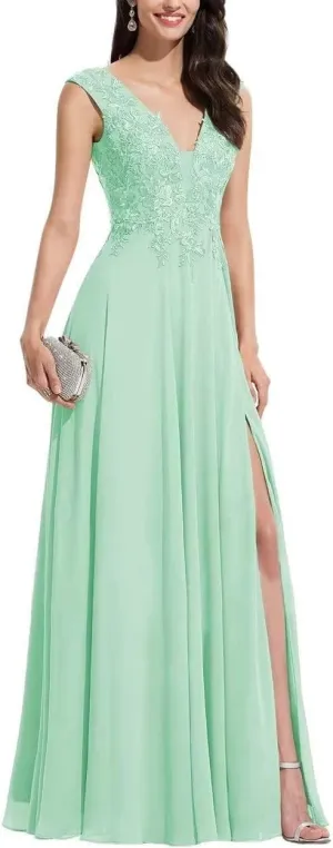 S Marlene V Neck Bridesmaid Dresses for Women Long Lace Appliques Chiffon A Line Formal Prom Party Evening Gowns Mint Green 24 Plus