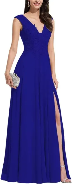 S Marlene V Neck Bridesmaid Dresses for Women Long Lace Appliques Chiffon A Line Formal Prom Party Evening Gowns Royal Blue 24 Plus