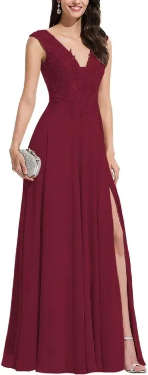 S Marlene V Neck Bridesmaid Dresses for Women Long Lace Appliques Chiffon A Line Formal Prom Party Evening Gowns Wine Red 24 Plus