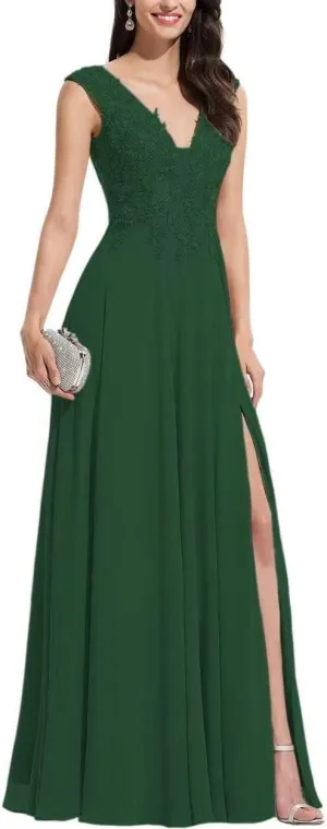 S Marlene Women's Prom Dresses Lace Appliques Wedding Dress Chiffon Bridesmaid Dresses V-Neck Formal Evening Party Gowns with Slit Dark Green, 10