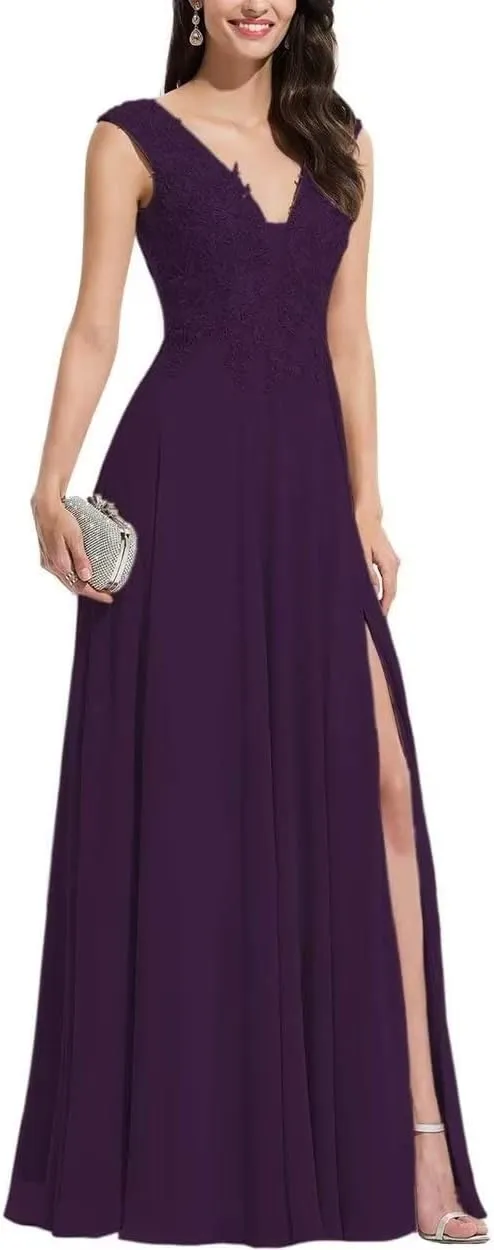 S Marlene Women's Slit Lace Prom Dresses Chiffon Appliques Double V-Neck Floor Length Formal Evening Party Gowns Plum, 6