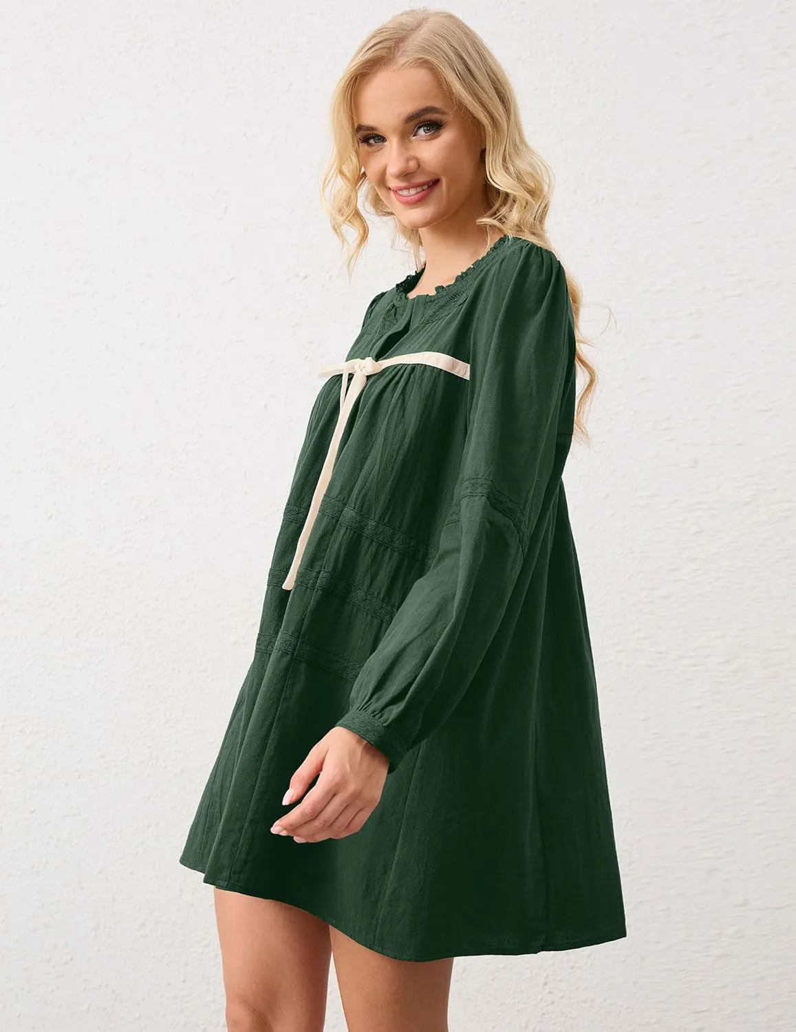 SAFRISIOR Women Babydoll Dress Flowy Long Puff Sleeve Cute Mini Dresses Square Neck Embroidered Bow Tie A-line Dress
