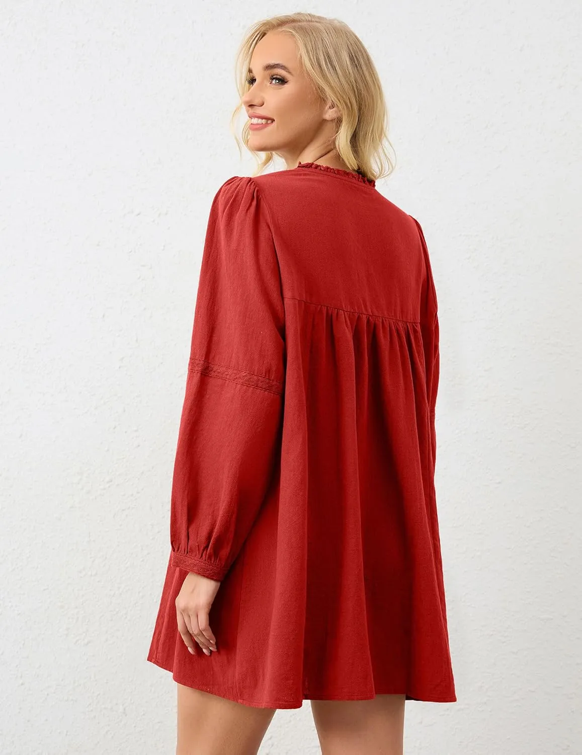 SAFRISIOR Women Babydoll Dress Flowy Long Puff Sleeve Cute Mini Dresses Square Neck Embroidered Bow Tie A-line Dress