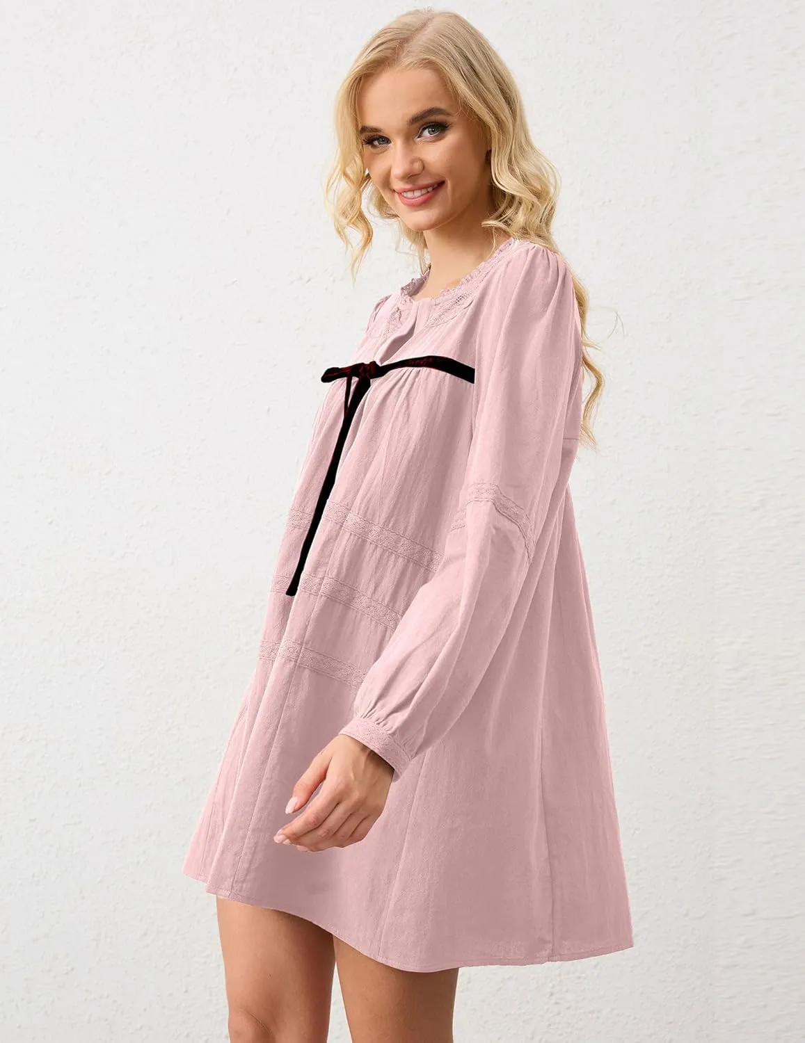 SAFRISIOR Women Babydoll Dress Flowy Long Puff Sleeve Cute Mini Dresses Square Neck Embroidered Bow Tie A-line Dress