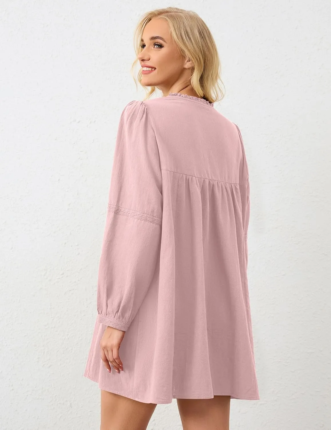 SAFRISIOR Women Babydoll Dress Flowy Long Puff Sleeve Cute Mini Dresses Square Neck Embroidered Bow Tie A-line Dress