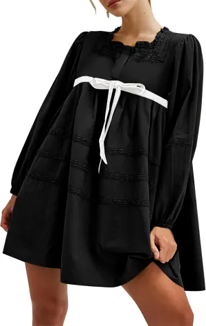 SAFRISIOR Women Babydoll Dress Flowy Long Puff Sleeve Cute Mini Dresses Square Neck Embroidered Bow Tie A-line Dress
