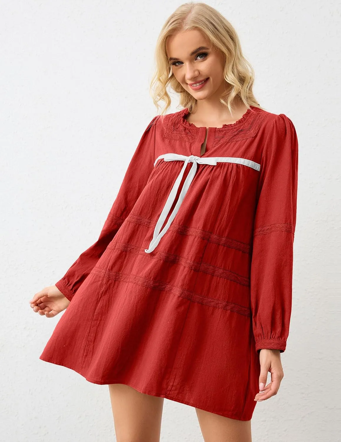 SAFRISIOR Women Babydoll Dress Flowy Long Puff Sleeve Cute Mini Dresses Square Neck Embroidered Bow Tie A-line Dress
