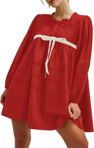 SAFRISIOR Women Babydoll Dress Flowy Long Puff Sleeve Cute Mini Dresses Square Neck Embroidered Bow Tie A-line Dress