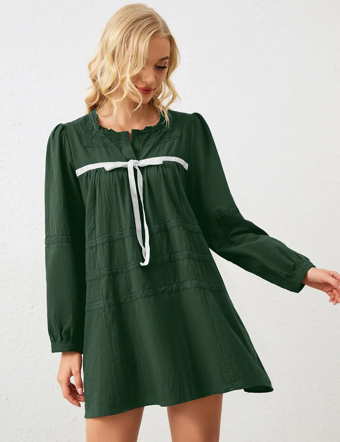 SAFRISIOR Women Babydoll Dress Flowy Long Puff Sleeve Cute Mini Dresses Square Neck Embroidered Bow Tie A-line Dress