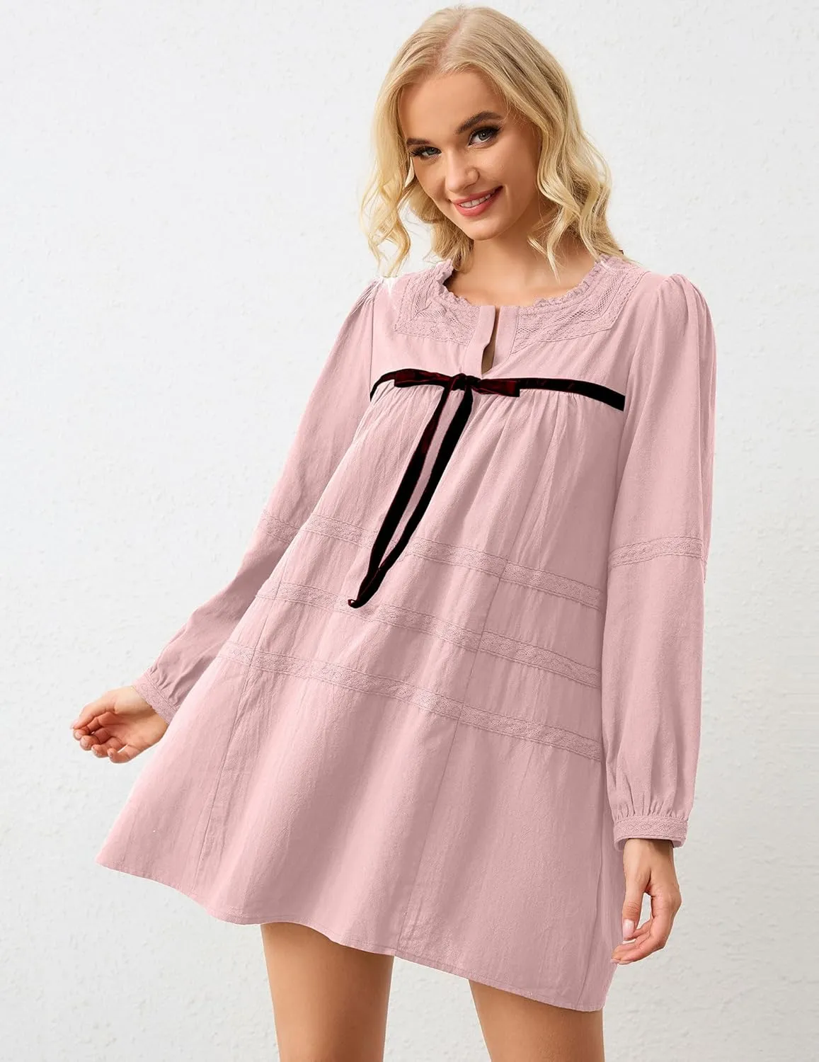 SAFRISIOR Women Babydoll Dress Flowy Long Puff Sleeve Cute Mini Dresses Square Neck Embroidered Bow Tie A-line Dress