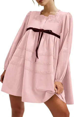 SAFRISIOR Women Babydoll Dress Flowy Long Puff Sleeve Cute Mini Dresses Square Neck Embroidered Bow Tie A-line Dress