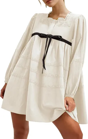 SAFRISIOR Women Babydoll Dress Flowy Long Puff Sleeve Cute Mini Dresses Square Neck Embroidered Bow Tie A-line Dress
