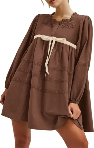 SAFRISIOR Women Babydoll Dress Flowy Long Puff Sleeve Cute Mini Dresses Square Neck Embroidered Bow Tie A-line Dress