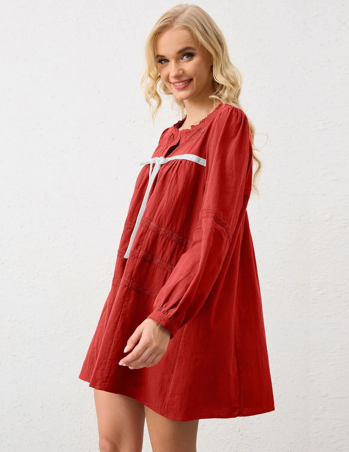 SAFRISIOR Women Babydoll Dress Flowy Long Puff Sleeve Cute Mini Dresses Square Neck Embroidered Bow Tie A-line Dress
