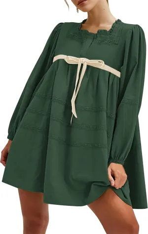 SAFRISIOR Women Babydoll Dress Flowy Long Puff Sleeve Cute Mini Dresses Square Neck Embroidered Bow Tie A-line Dress