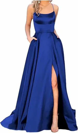 Satin Prom Dresses for Women 2025 Elegant Spaghetti Straps Formal Evening Dress Blackless Maxi Gown with Slit