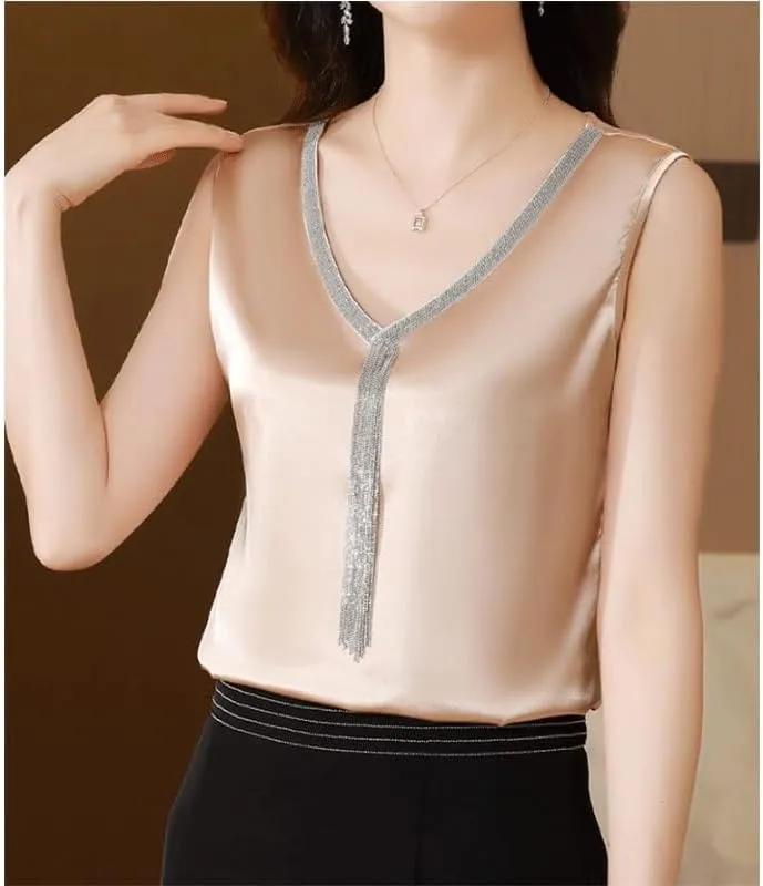 Satin Suit V-Neck Inner Camisole Women's Fashion Outer Base Blouse Large Size Sleeveless Top