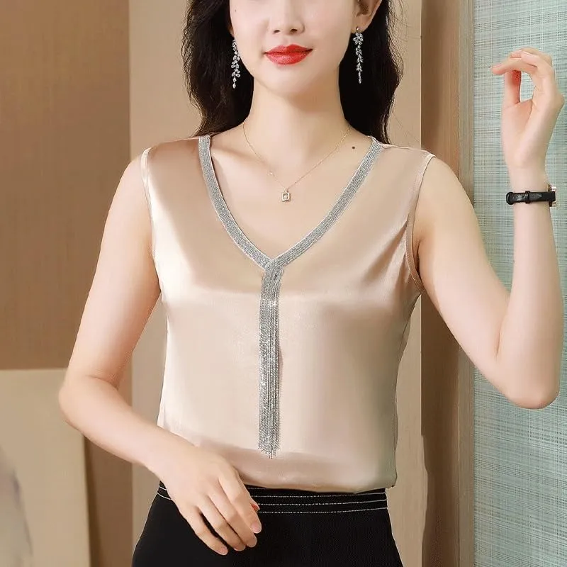 Satin Suit V-Neck Inner Camisole Women's Fashion Outer Base Blouse Large Size Sleeveless Top