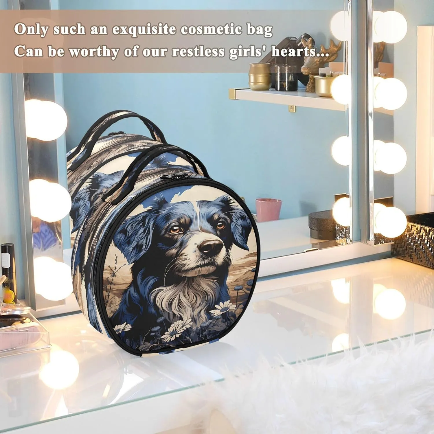 senya Round Cosmetic Pouch Travel Makeup Train Case Black Dog Makeup Organizer Bag with Adjustable Dividers Portable for Cosmetics Makeup Brushes Toiletry Jewelry Accessories
