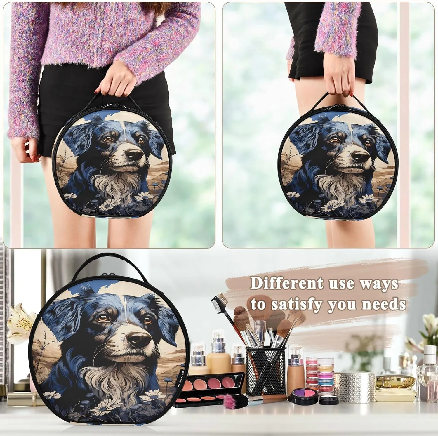 senya Round Cosmetic Pouch Travel Makeup Train Case Black Dog Makeup Organizer Bag with Adjustable Dividers Portable for Cosmetics Makeup Brushes Toiletry Jewelry Accessories